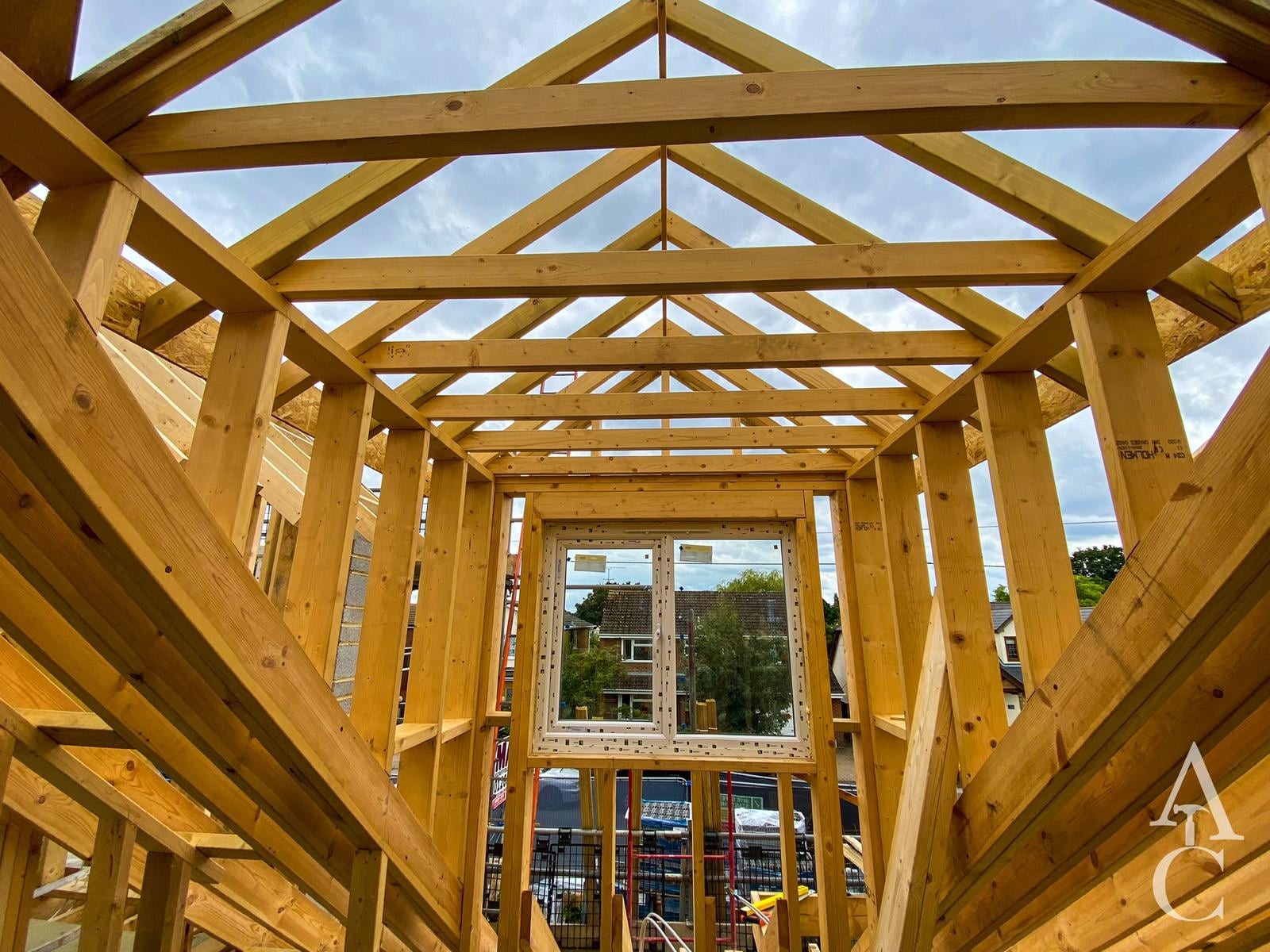 New timber frame for a dormer loft conversion, seen from inside the roof